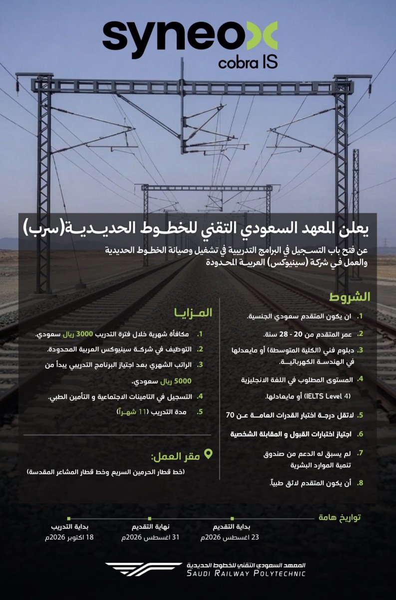 TVTC_ABR20K's tweet photo. 🚨 عاجل ورسمياً: 

المعهد السعودي التقني للخطوط الحديدية يعلن عن برنامج تدريب منتهي بالتوظيف لخريجي الدبلوم 

المزايا| 
- مكأفاة 3000 ريال 
- عقد وظيفي 

للتقديم : 
https://t.co/nweDUixDap https://t.co/q6CSVhGETf