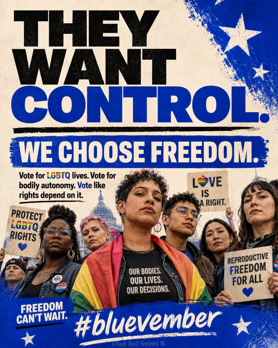 Sweet_Bee1972's tweet photo. THEY WANT CONTROL. WE CHOOSE FREEDOM.
Nothing screams โfreedomโ quite like politicians obsessively regulating your body, your marriage, your identity and your life.
Hard pass. #bluevember https://t.co/ofnZMdtVx8