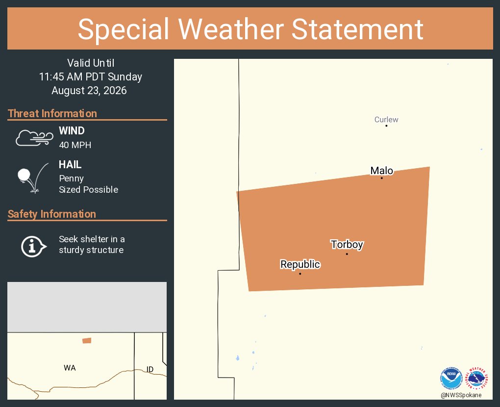 NWSSpokane's tweet photo. A special weather statement has been issued for Republic WA, Torboy WA and  Malo WA until 11:45 AM PDT https://t.co/BDST5Bzp7D