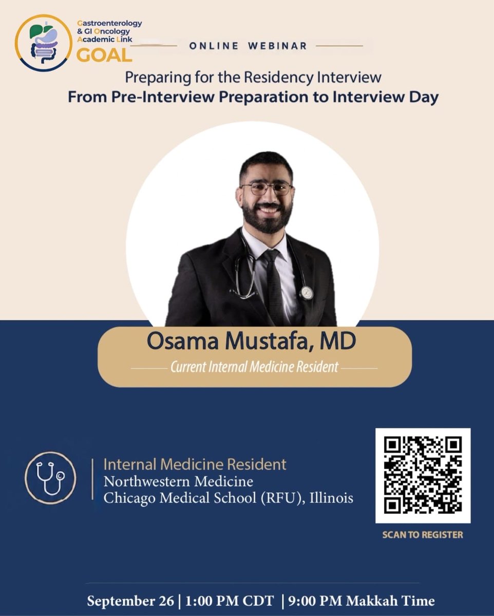GOAL_GIONC's tweet photo. 🎯Excelling at the interview.

Join Osama Mustafa, MD, Internal Medicine Resident at Northwestern, for “From Preparation to Interview Day” — and gain practical insights to approach every stage of the interview process with confidence. 🇺🇸
@osamaamaherr 

🔗 https://t.co/6c1QzaaZDn https://t.co/PIduM1BHAx