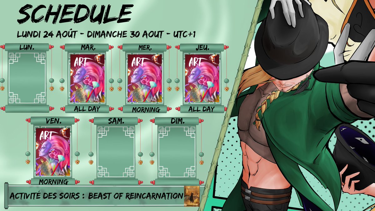 tartimorphe's tweet photo. Voici l'hebdo !

La big news d'abord - je publierai mon premier essai de chapitre de manga Lundi à 10h ! (extrait sur X)

Mardi / jeudi - Illustration du matin au soir, on a plein de beautés à faire !

Jeudi / vendredi - matinales, on fait du concept art pour mon futur projet ! https://t.co/bJSYOkLHsh