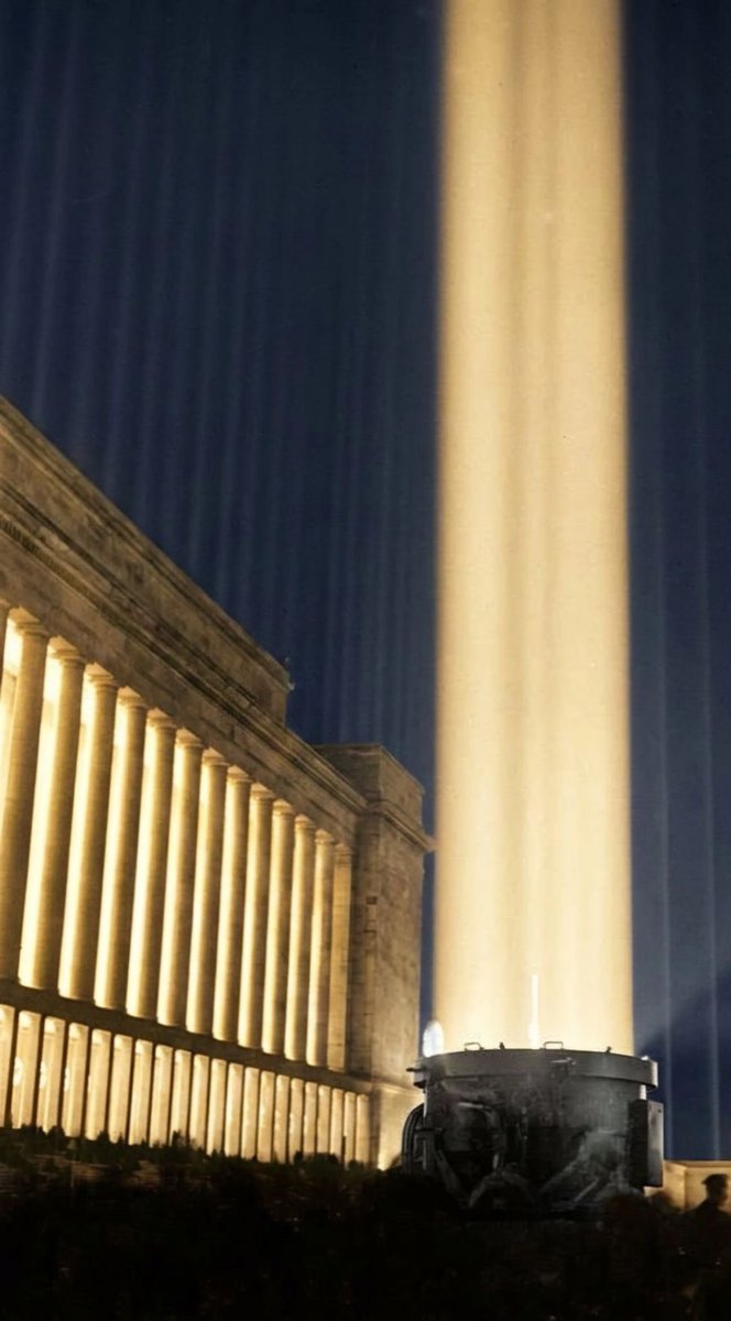 Xurrrg's tweet photo. The Cathedral of Light

one of the most powerful visual symbols of the Third Reich regime. Hundreds of massive searchlights pointed straight up into the dark sky created giant glowing walls around the rally grounds. https://t.co/BsQMMPk165