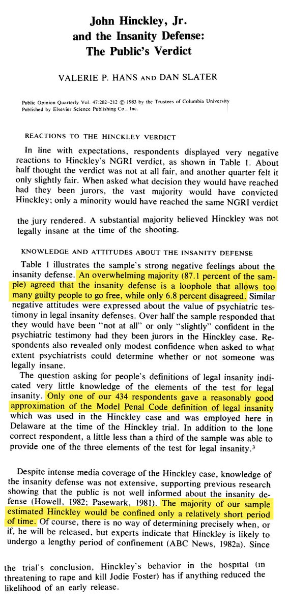 mtracey's tweet photo. Americans have always hated and disbelieved the "not guilty by reason of insanity" defense -- despite knowing little or nothing about it. 

In 1983, a survey on the verdict of John Hinckley Jr., who was found NGRI, identified only *one* respondent could accurately describe the elements of the NGRI defense.

66% of respondents believed Hinckley was not legally insane -- even though he was diagnosed schizophrenic, believed he could achieve "magical unification with Jodie Foster" by shooting Ronald Reagan, tried to kill himself twice in jail, and started threatening to rape and kill Jodie Foster once he was sent to the psychiatric hospital.

62% of respondents believed Hinckley would be released from state confinement after two years or less. Hinckley was ultimately confined for over 35 years. Only in 2022 were all his state-imposed restrictions lifted.