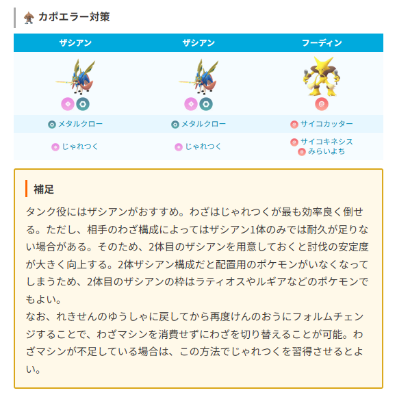 kenerlsanders's tweet photo. ダイマックスカポエラー対策

タンク：ザシアン
アタッカー：フーディン

ボスがインファイトを連発するパターンだとHPが足りなくなる場合があるので、2体目のザシアンがいると安定性が向上します
2体目のザシアンの枠はラティやルギアなどの配置用のポケモンを入れてもOKです
https://t.co/y9yiAauXqZ https://t.co/Y0Kptnh4yO