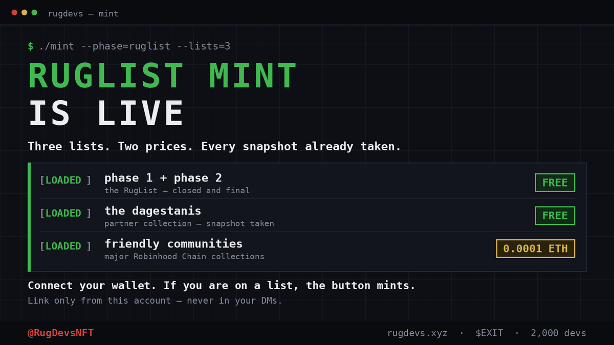 RugDevsNFT's tweet photo. ruglist (wl) mint stage is open. free mint.

three lists are loaded:

- phase 1 + phase 2 — the ruglist
- @TheDagestanis — partner collection
- friendly communities

connect your wallet to @opensea and mint. pay gas - that's it. https://t.co/ymjsMJcqQh
