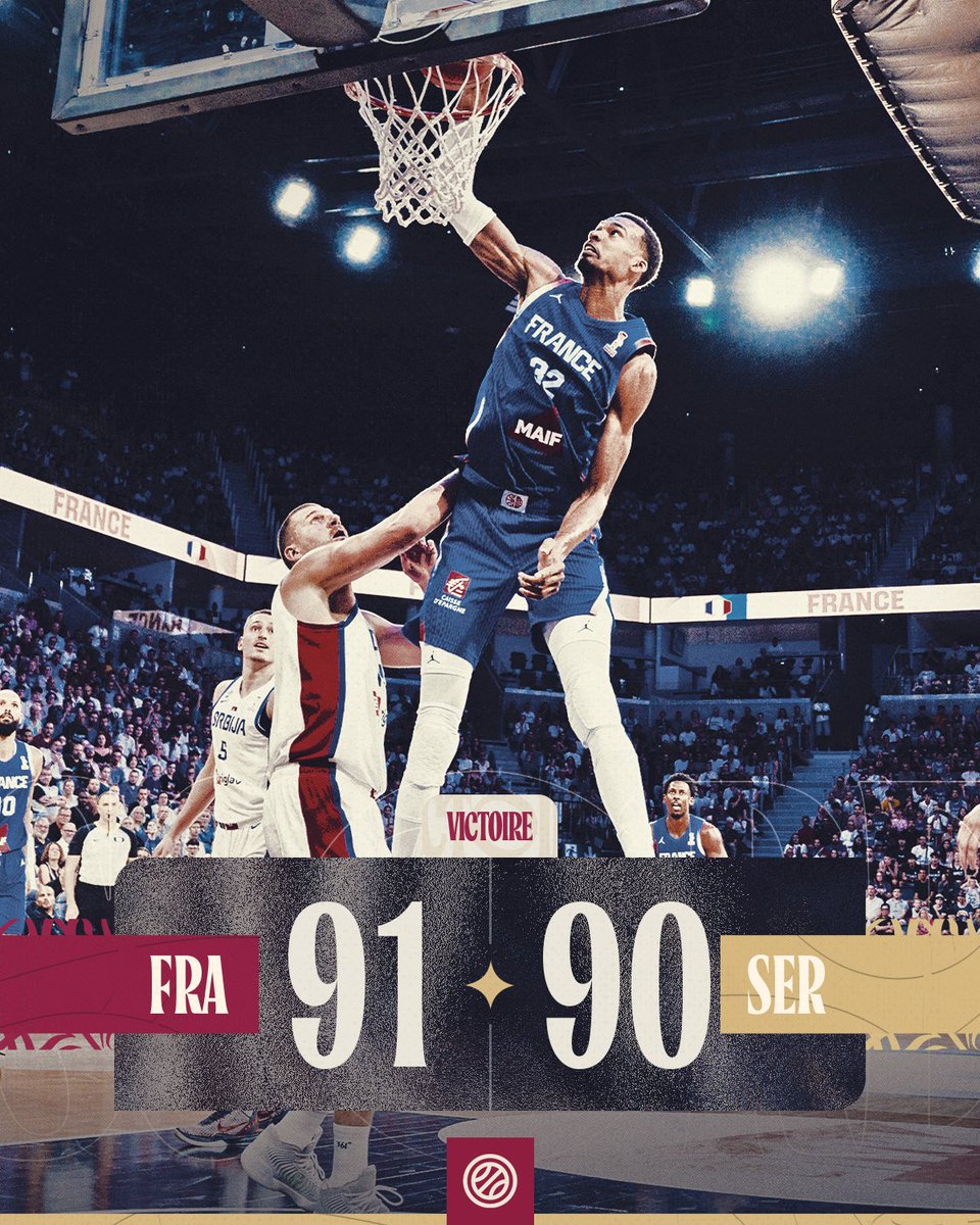FRABasketball's tweet photo. Les Bleus s’imposent au BUZZER ‼️

Victoire 91-90 sur un panier décisif de Jaylen Hoard face à la Serbie en préparation du second tour des Qualifications à la Coupe du Monde 😤

#PassionnémentBleu | #TeamFranceBasket | #FRASER https://t.co/vQhisroqBl