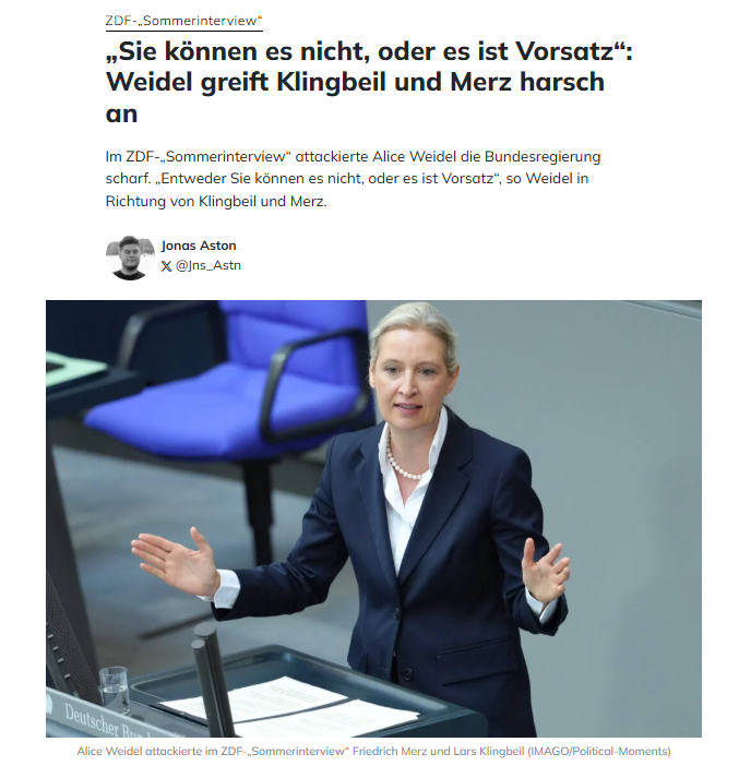 MixeDKD's tweet photo. Im #Sommerinterview geht Frau Weidel die Regierung an und bezeichnet sie als Flachzangen

Ich vermute tatsächlich Vorsatz bei Merz, Klingbeil &amp; Co.

Inkompetenz erklärt die Zerstörungswut nicht https://t.co/WD5bq6coI0