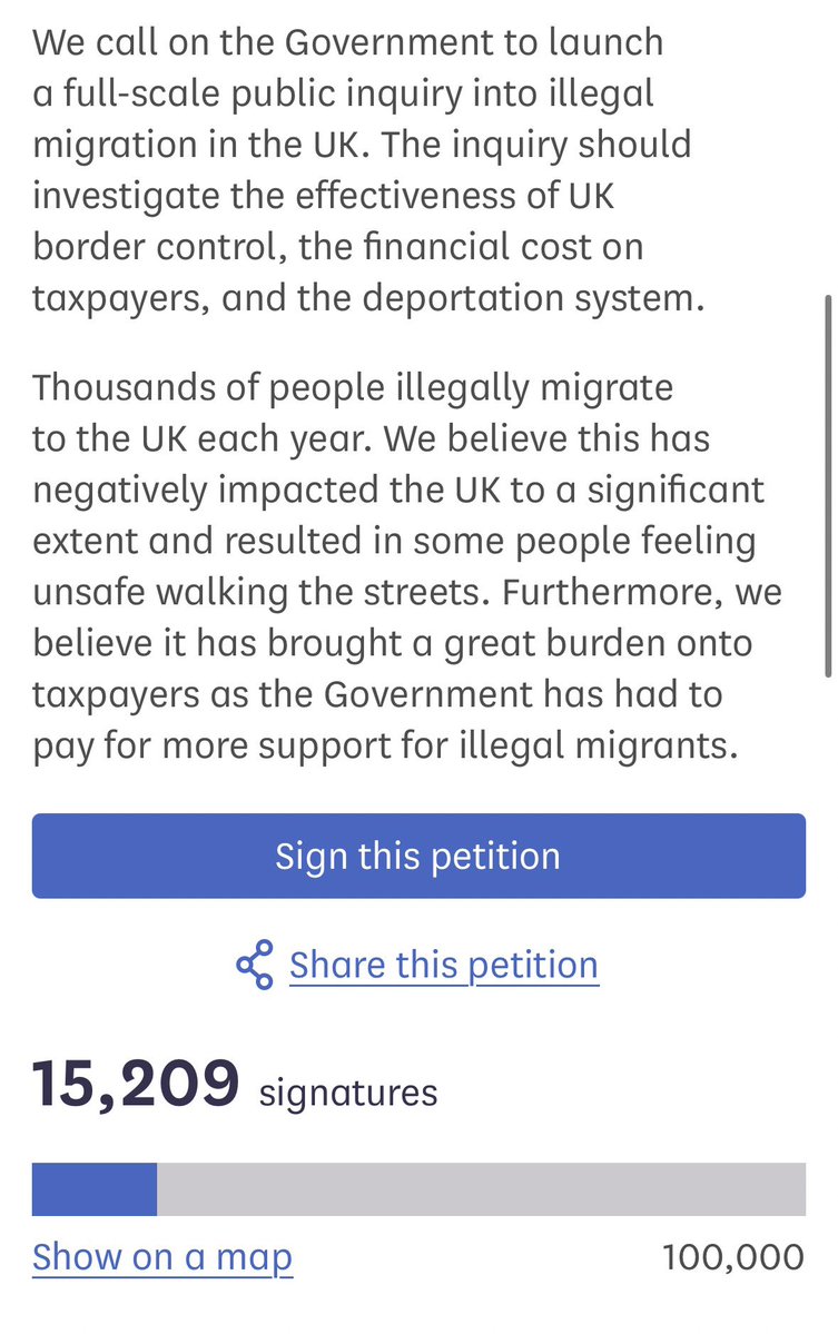 BROKENBRITAIN0's tweet photo. 🚨NEW: The petition DEMANDING the UK government to launch a public inquiry into illegal migration has surpassed 15,000 signatures in less than 24 hours since gaining traction 🇬🇧 

This means the government will now be FORCED to respond to the petition - but we MUST NOT stop here. 

If the petition reaches 100,000 signatures, then it will automatically be considered for debate in the Houses of Parliament. It’s a small step but it’s definitely in the right direction and could be the beginning of us getting the answers we DESERVE! 

Keep pushing, patriots 🫵🫡