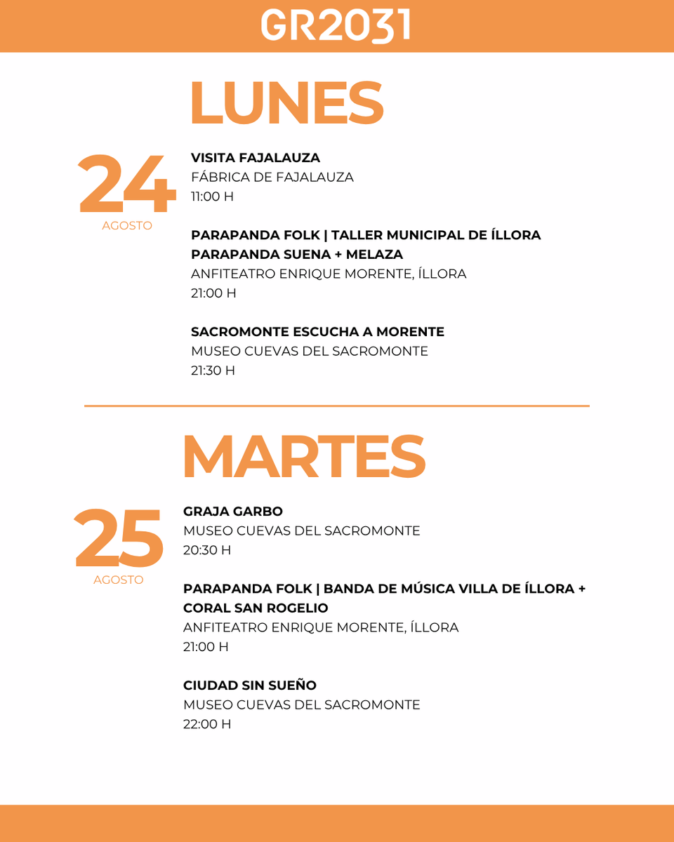2031Granada's tweet photo. AGENDA CULTURAL| Granada del 24 al 30 de agosto
Descubre todo lo que puedes vivir en nuestra agenda cultural y no te pierdas nada.
#Granada2031 #CEC2031 #GranadaTransforma #GranadaInspira
@aytogr @marifrangr @dipgra @CanalUGR @CCGranada @UNESCO_es https://t.co/HwjDRVoBwQ