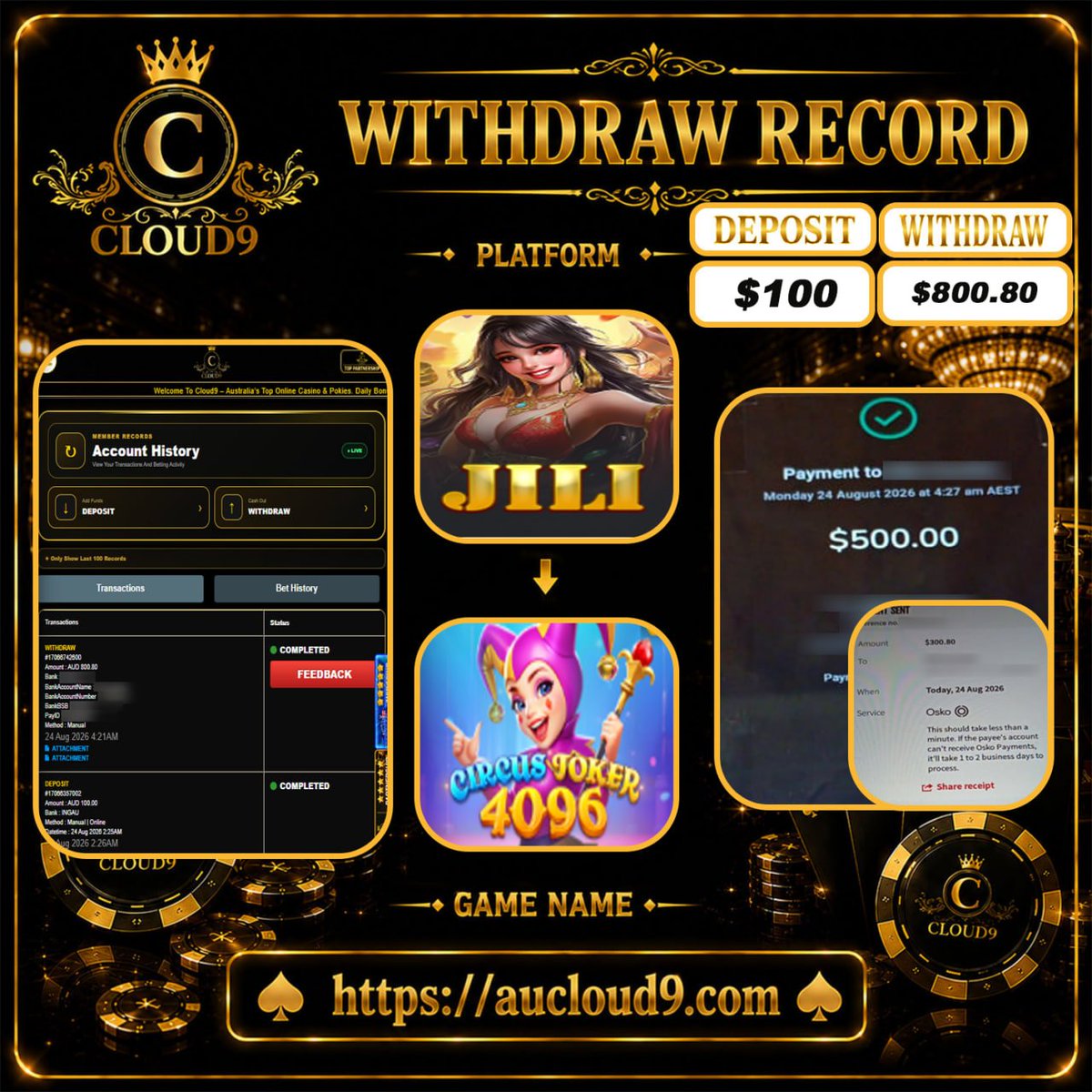 Clound9aus's tweet photo. 📣Congratulation Today Member👑👑

➡️Platform : JILI
➡️Game : CIRCUS JOKER
➡️DEPOSIT : $100.00 AUD
➡️Withdraw Money : 800.80 AUD 
 ⭐️ Trust pilot :  https://t.co/50pYDTH5GV
🌐Domain: https://t.co/fOgqZMdjKv https://t.co/rIAwnsSUBa