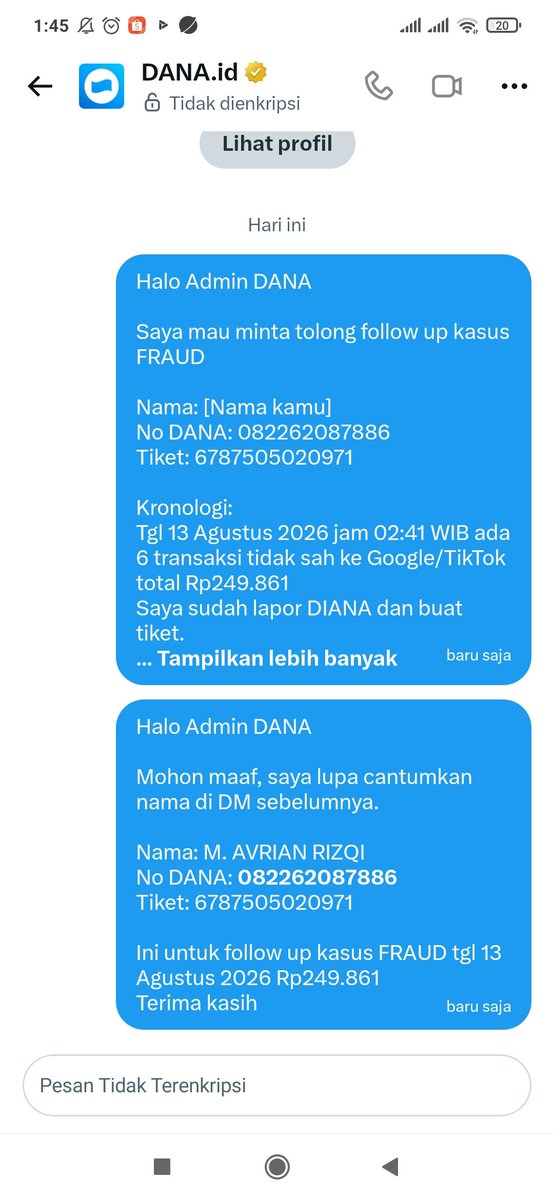 AvrianMenge's tweet photo. @danawallet @danawallet Sudah DM Min. 
Tiket:6787505020971. Ini FRAUD bukan langganan.
Google TOLAK ID:9250-2249-3023. Bukti terlampir.
Mohon proses pengembalian dana. https://t.co/lWv7DVQm2h