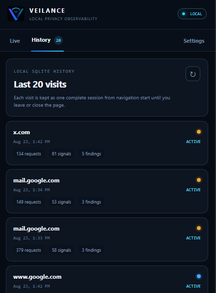 veilanceapp's tweet photo. Veilance v0.2 is now live. You can download it and see the source code here: https://t.co/5xidxMe9K9

Updates include:
- History of the last 20 visited websites
- Bug patch from rotation requests no longer resets the view
- Solana address is generated for you with exportable private key for future $VLNC payouts
- Ability to disable certain checks for full user control
- and more
