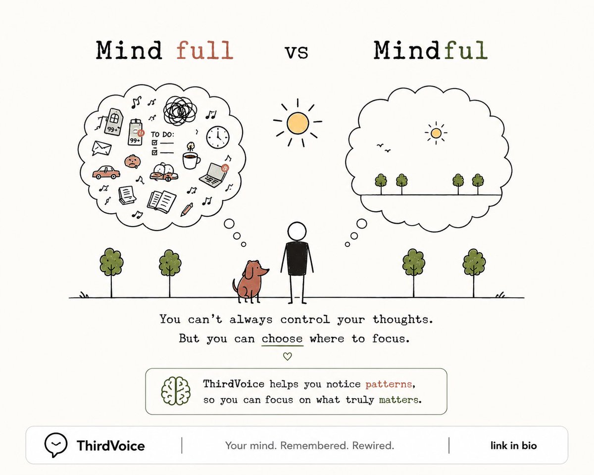 thirdvoice_io's tweet photo. A full mind isn’t always a focused mind.

Sometimes clarity starts with noticing where your attention keeps going  the worries, distractions, and patterns competing for space.

You don’t need to silence every thought.
You just need to understand which ones deserve your attention.

ThirdVoice helps you notice the patterns behind the noise.

Explore → https://t.co/dc58NNmY7u