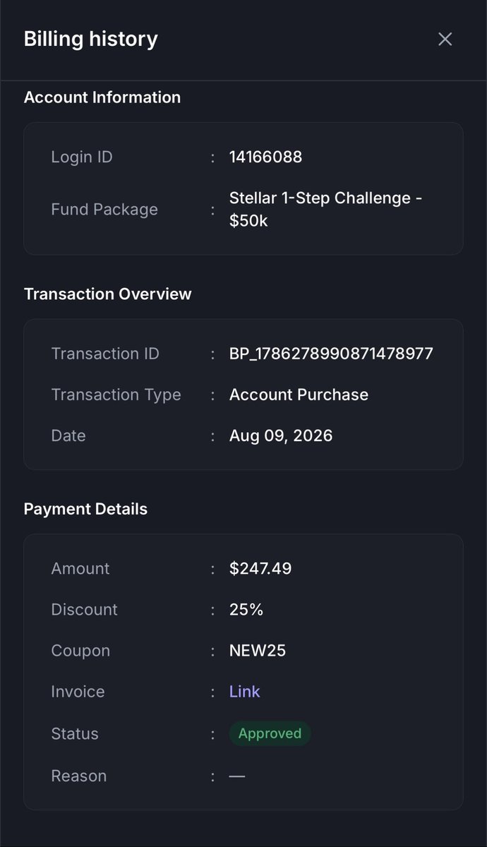 AugustusDeGrate's tweet photo. Unfair treatment from @FundedNext on my 50k Stellar 1-Step account (ID: 14166088).
Bought Aug 9, passed &amp; got my certificate Aug 14. After a session interview, they denied my funded account and my refund, claiming they "aren't convinced" I traded it with zero proof of any breach. https://t.co/Vy81CiSGDc