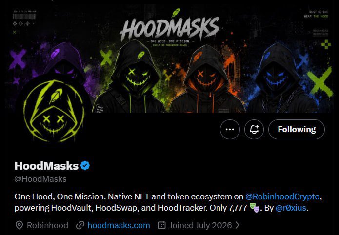 Hafo1991's tweet photo. Still Early 

@HoodMasks is launching a 7777 collection on Robinhood.

A few things caught my attention:

• developed by @r0xius.
• Building an ecosystem on Robinhood Chain
• Products include HoodVault and HoodTracker
• Team has previously consulted, partnered with, or received grants from Polygon, NEAR, Dentsu and BMW Europe
• Price TBA

Still very early here.

 worth keeping on the radar before the first official announcement.