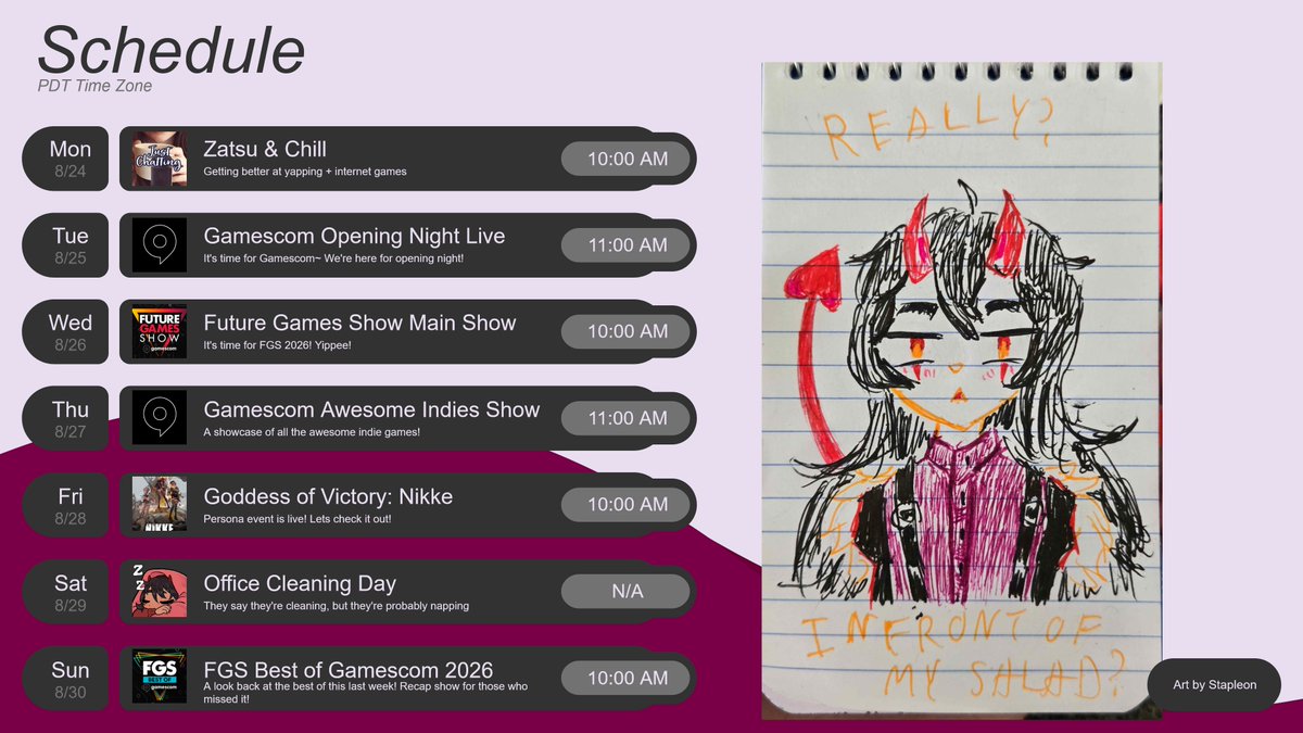JayKayVT's tweet photo. Your stream schedule for the week~
Gamescom is here and we got a ton of shows to go to together! Opening night live, the awesome indies, and everything FGS related too!
Hope to see you there~
#gamescom2026 #TheFutureGamesShow #FGSCoStreamer https://t.co/RFHc94BrZp