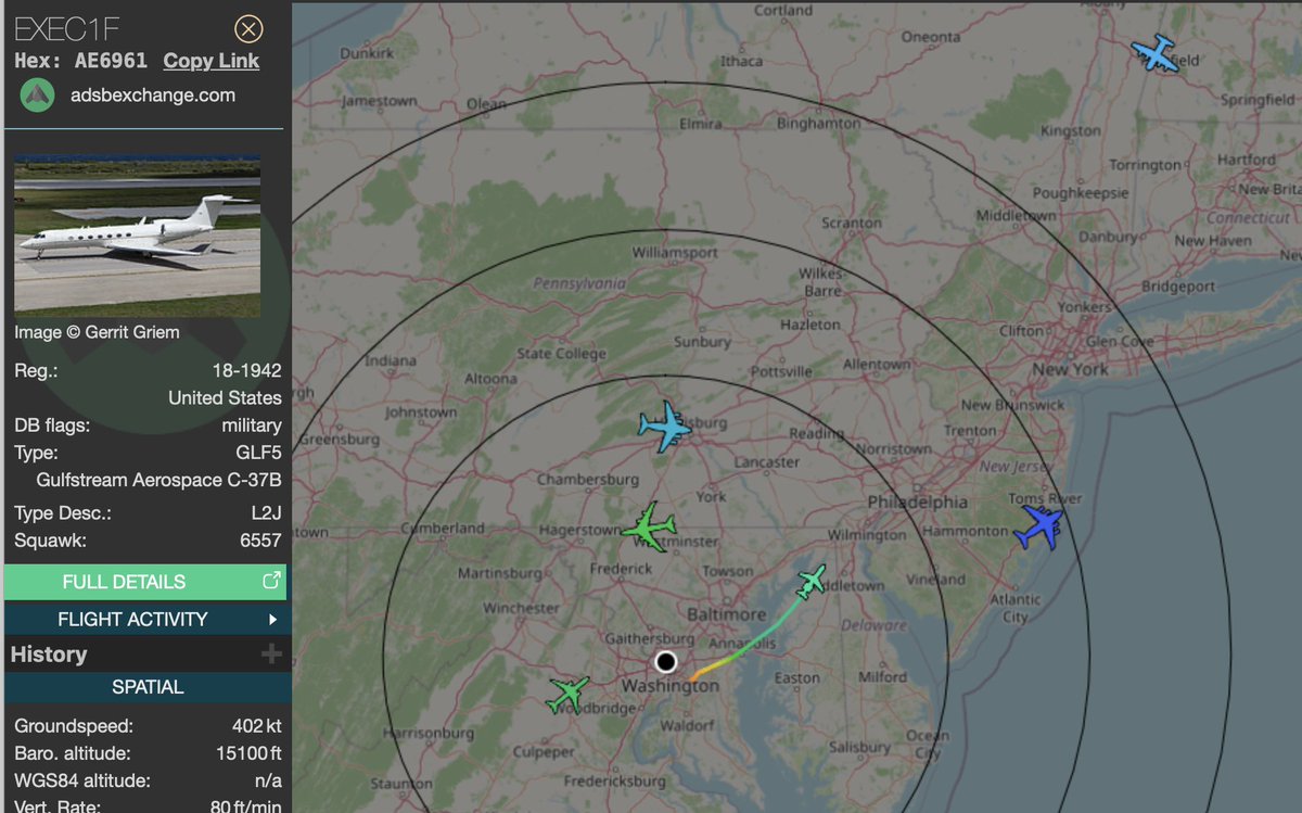 PenguinSix's tweet photo. EXEC1F, the aircraft reserved for the First Lady and Presidential family members, has left Washington and is heading back to New Jersey. https://t.co/77Rbrwj7GW