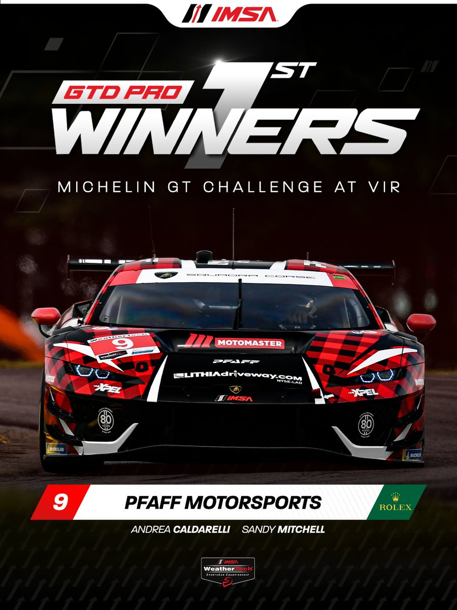 IMSA's tweet photo. Its Back to Back wins!  
Congratulations to the No. 9 Pfaff Motorsports team on winning the 2026 Michelin GT Challenge at VIR in the GTD PRO Class!! 🏆

@pfaffmotorsport | @LamborghiniSC https://t.co/MvONBDYF2S