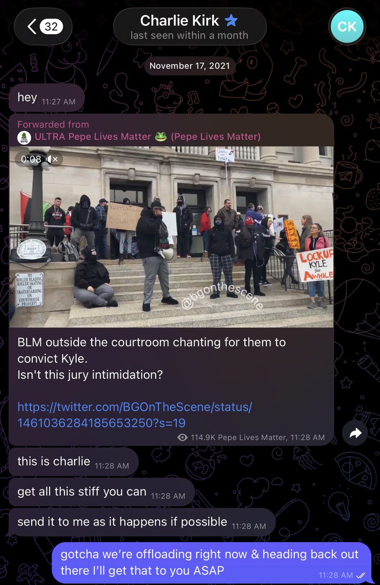 ArtifexMemor's tweet photo. And here is AN ACTUAL screenshot of a REAL
Telegram chat with Charlie Kirk from 2021, so you all can compare and decide for yourself what’s real and what’s not lol. 

compare it with what @paleochristcon and @TheEnigmatic_01 are trying to sell you as real https://t.co/sQhfly9gmP