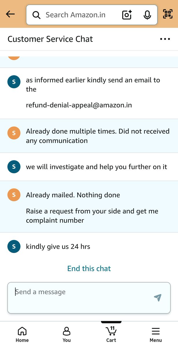 HarshRajTwit's tweet photo. @AmazonHelp These are the reply which I got. https://t.co/nVlc3SZf5h