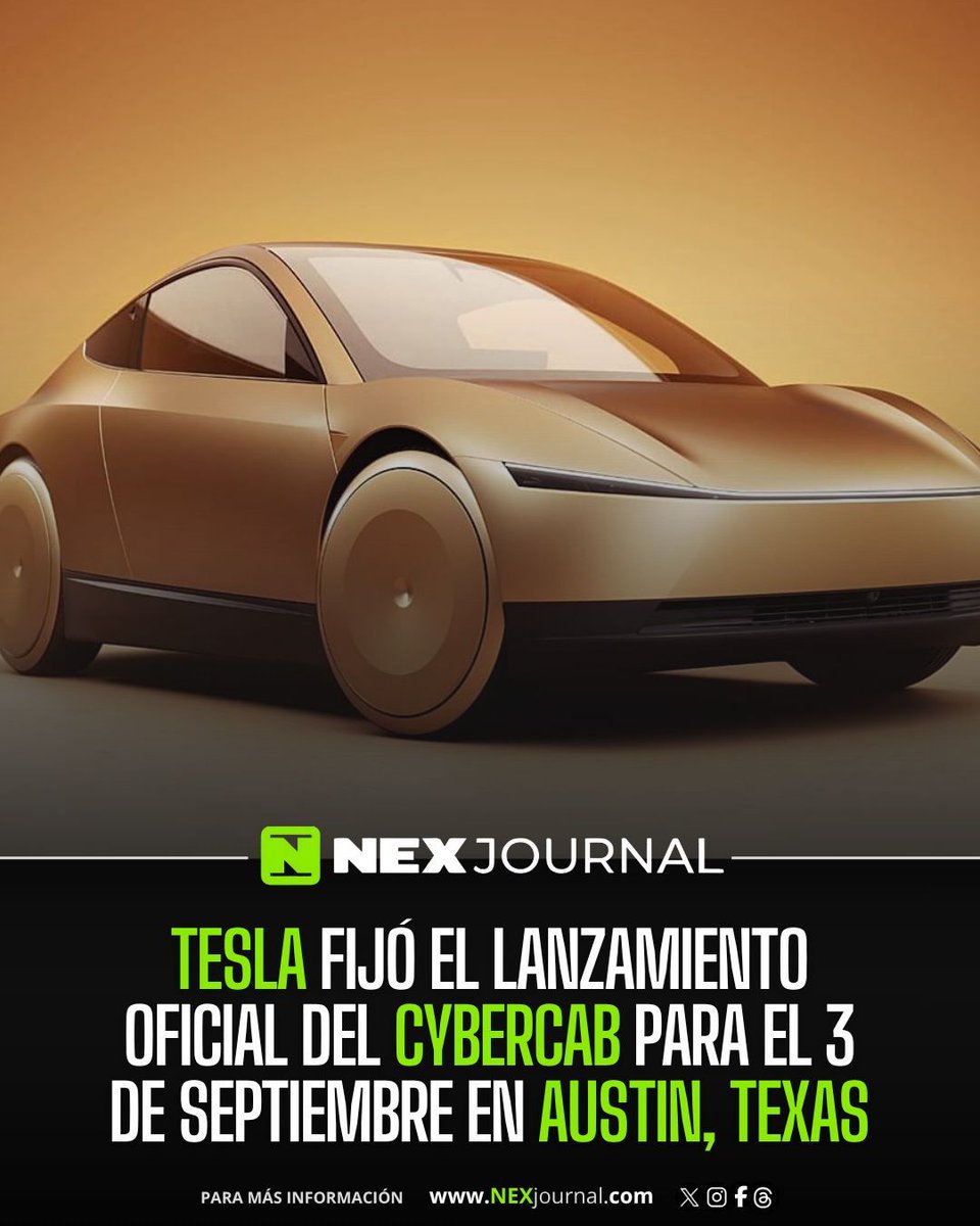 NexJournal's tweet photo. 🇺🇸‼️ | Tesla oficializó el evento de presentación del Cybercab para el próximo 3 de septiembre en Austin, Texas, iniciando el envío de las invitaciones formales. El vehículo comercial autónomo, diseñado específicamente sin volante ni pedales y con capacidad para dos pasajeros, marcará la transición definitiva de la compañía desde las pruebas piloto con modelos tradicionales hacia una plataforma integrada de transporte robotizado sin supervisión humana.