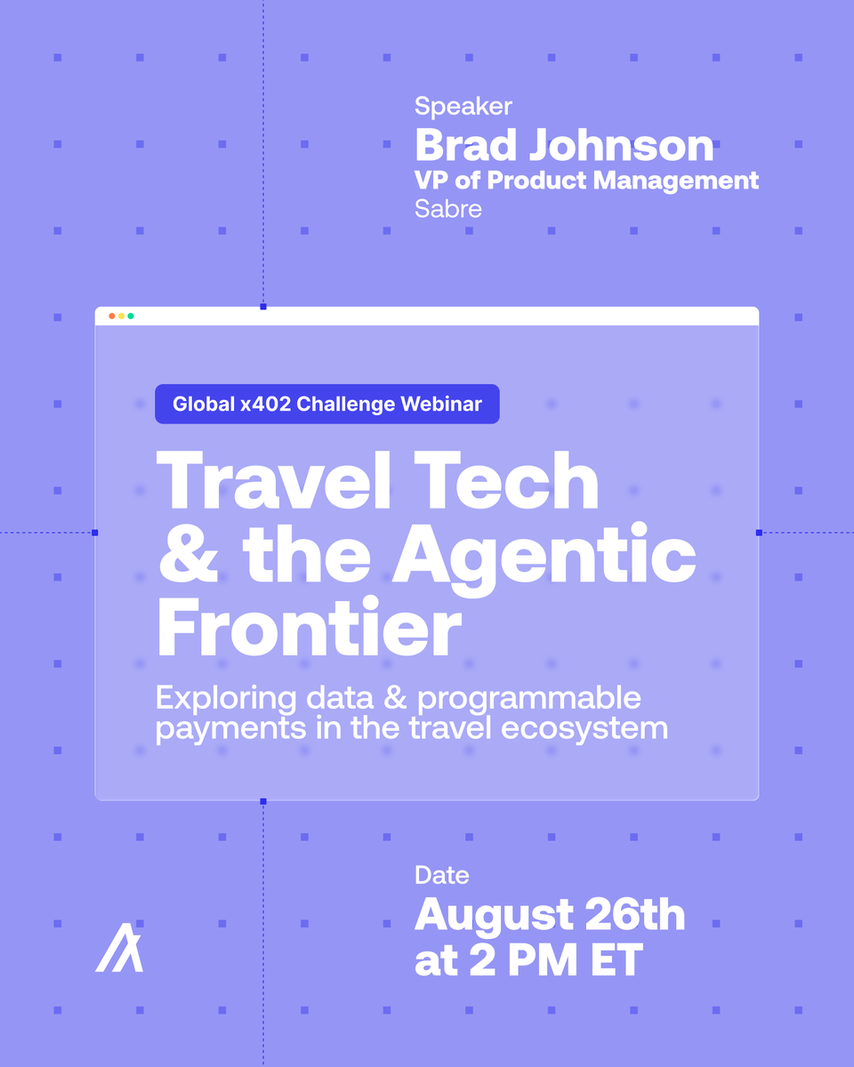 algodevs's tweet photo. Sabre's MCP server already lets AI agents query their travel APIs in natural language.

Add x402, and those agents can pay for what they find.

@Sabre_Corp's VP of Product Management, Brad Johnson, covers both on Aug 26, as part of our Global x402 Challenge.

Register below 👇 https://t.co/HCzYnJhUXy