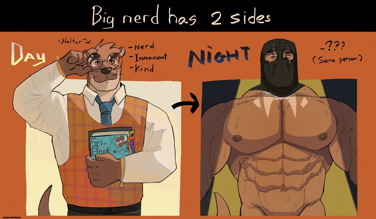 RolenzoArt's tweet photo. Hey guys! Here's my first comic series with the big otter guy Walter! Let's see what this nerd gonna show us. And you can ask him anything except his personal life😈
Also page 1 already uploaded on my p site 👀 https://t.co/eMgLYwQLHa