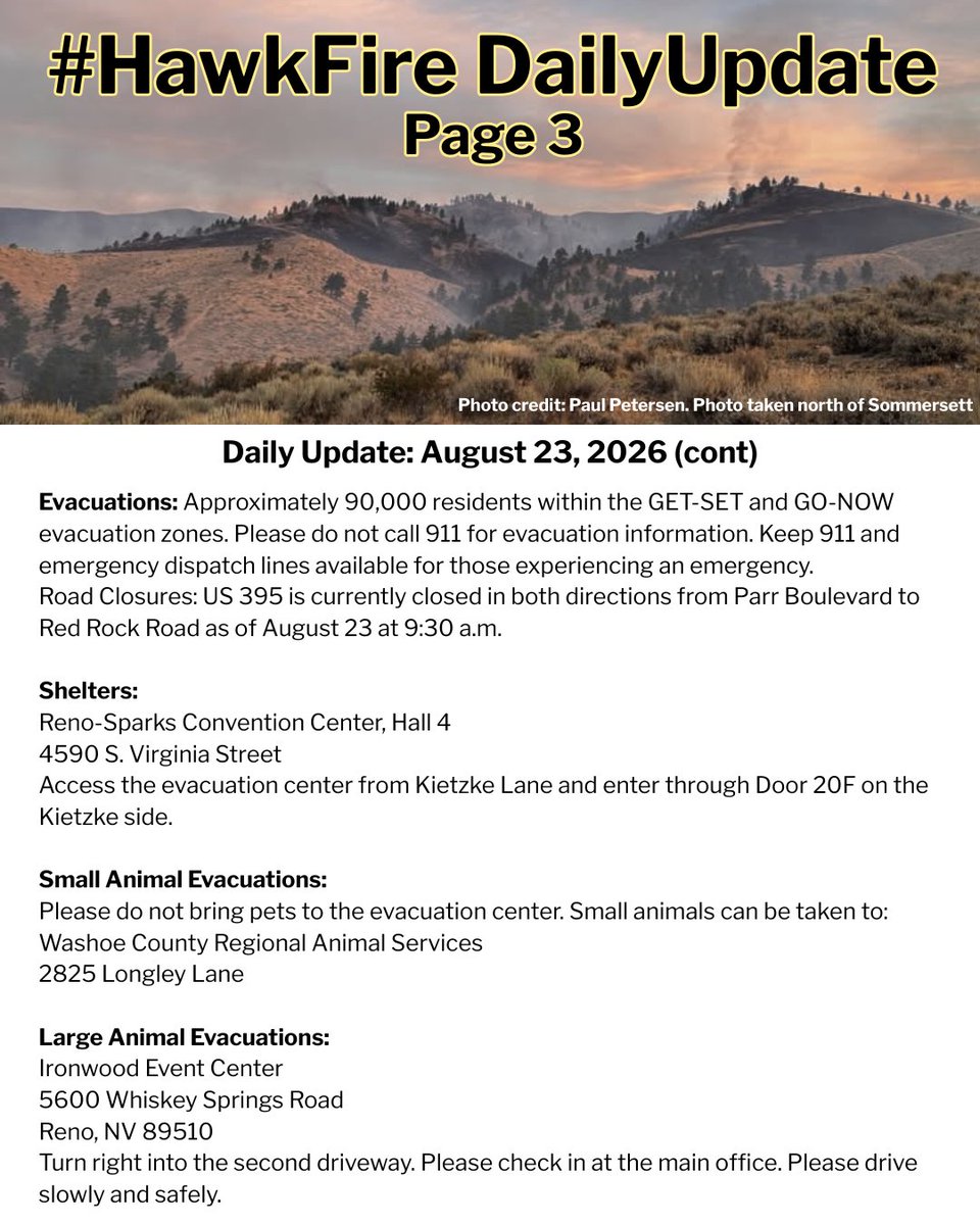 RenoPolice's tweet photo. Daily briefing for 8/23/2026 from the #HawkFire Incident Command.

To receive updates directly you can follow https://t.co/kOenjGooio

Follow https://t.co/kJMo6RgUlm for evacuations and https://t.co/0pl2QYrc1J for resources https://t.co/2QvKtypF4D