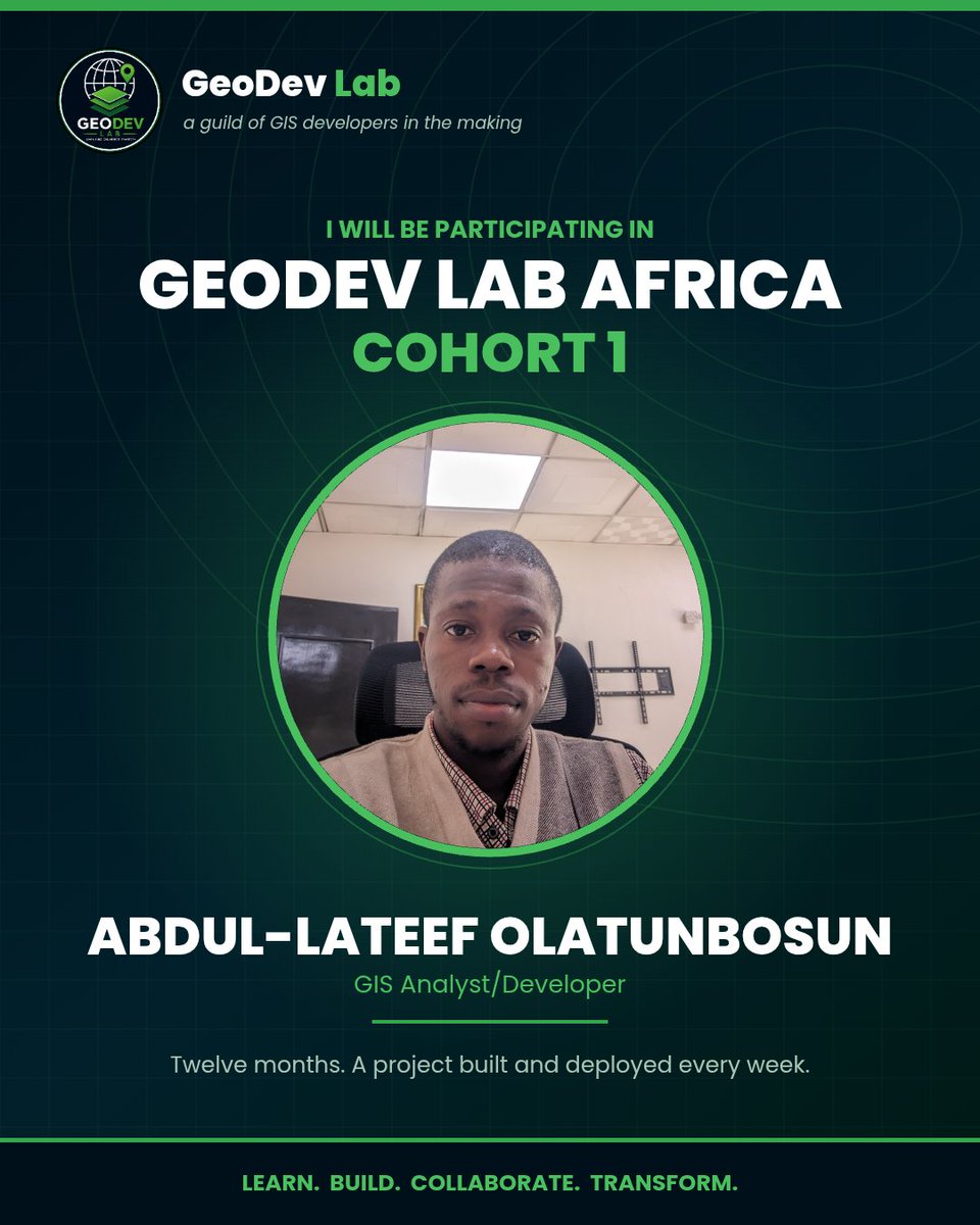 adoabdullateef's tweet photo. I will be participating in GeoDev Lab Africa, Cohort 1.
12 months. A journey every month, a project built and deployed every week with a community.
Africa has no shortage of GIS talent.
@Esri @EsriYPN @geodevlabafrica
#GeoDevLab #GIS #GeoAI #GISDeveloper https://t.co/hpeLomfD85