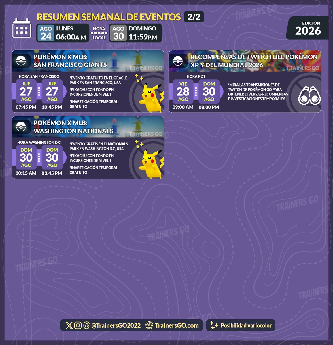 trainersgo2022's tweet photo. 🥳 Detalles de los eventos de la próxima semana en Pokémon GO.

📎Más info aquí:
https://t.co/H9SbO1z3dT

▶️ Debut de Pikachu con traje espacial de Cosmog✨ y Pikachu del mundial 2026✨
▶️ Pikachu con fondo en la colaboración de Pokémon GO con la MLB de los New York Mets, San Francisco Giants y Washington Nationals
▶️ Hora destacada de Mankey
▶️ Fin de semana de recompensas por mirar las transmisiones de Twitch de Pokémon GO durante el campeonato mundial de Pokémon2026 
 
#PokemonGO #PokemonGOApp