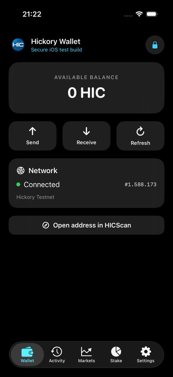 HickoryDevelop1's tweet photo. Hickory Wallet is now running as a native iOS test build. 📱

✅ HIC send, receive, activity &amp; staking
✅ Face ID or iPhone passcode protection
✅ BTC, ETH, ATOM &amp; USDC market view
✅ HICScan integration

Which asset should we support next?

https://t.co/uCl2amz3Dy
#HIC https://t.co/lDt6QMzQTn