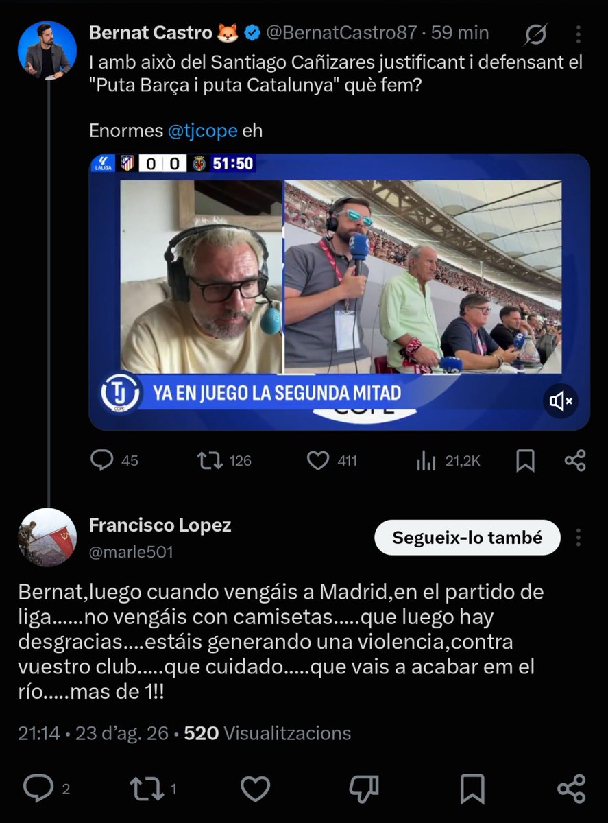BernatCastro87's tweet photo. Assenyalo la catalanofòbia a la COPE i encara m'amenacen de mort haha https://t.co/pZrwLnsl2U