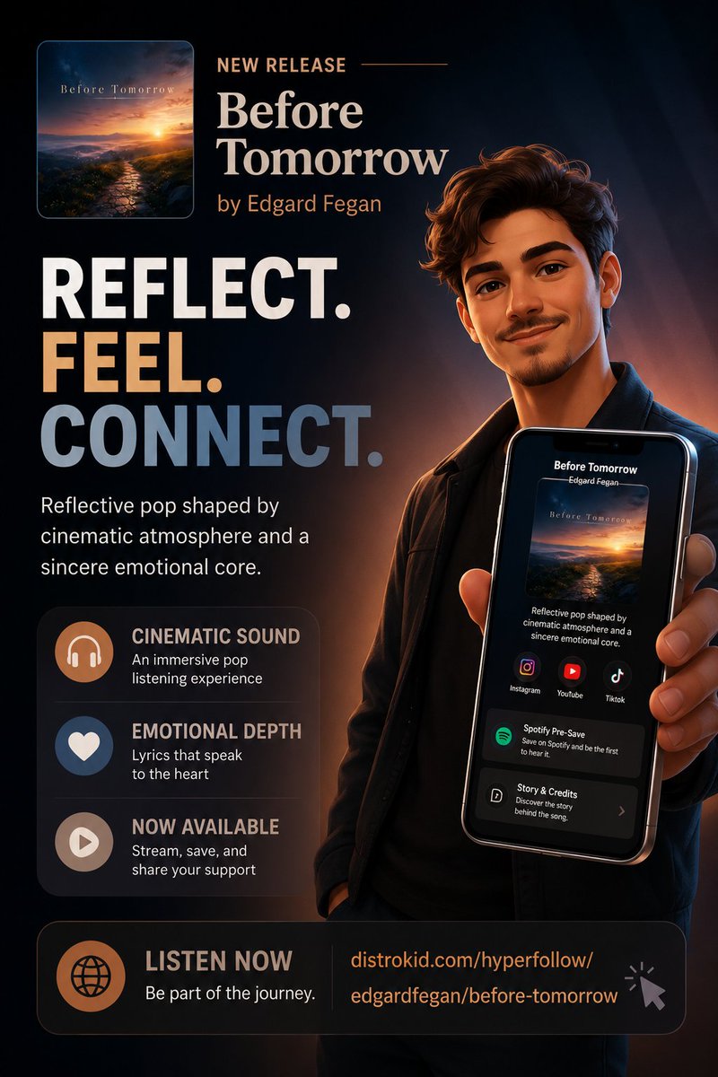AdtrendPro's tweet photo. @Elizabeth71729 Before Tomorrow — Edgard Fegan
If you enjoy music that makes you pause, feel, and connect, take a moment to discover Before Tomorrow.

Listen &amp; explore: https://t.co/9unpIVXy7W

#NewMusic #IndieMusic #PopMusic #NewMusicFriday #MusicDiscovery #SingerSongwriter https://t.co/YCmSNGSiin