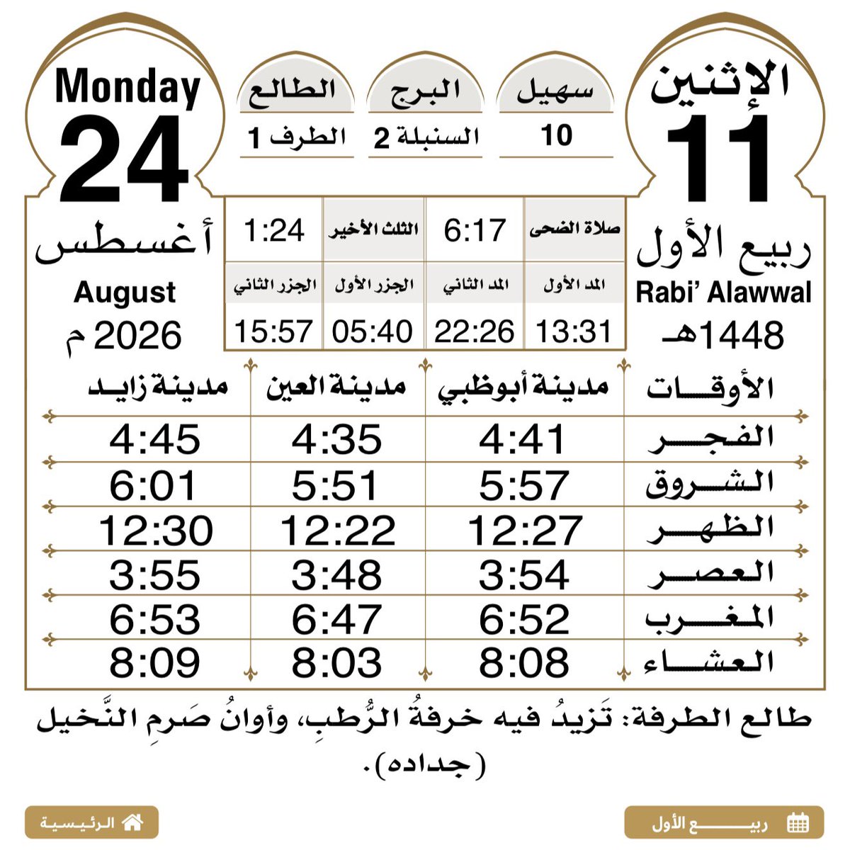 alainliving's tweet photo. مواقيت الصلاة في مدينة العين
ليوم الإثنين الموافق ٢٤/٨/٢٠٢٦
١١/ ربيع الأول /١٤٤٨ هـ
.
اللهم ارحم موتانا وموتى المسلمين أجمعين https://t.co/TyAKfLyggv