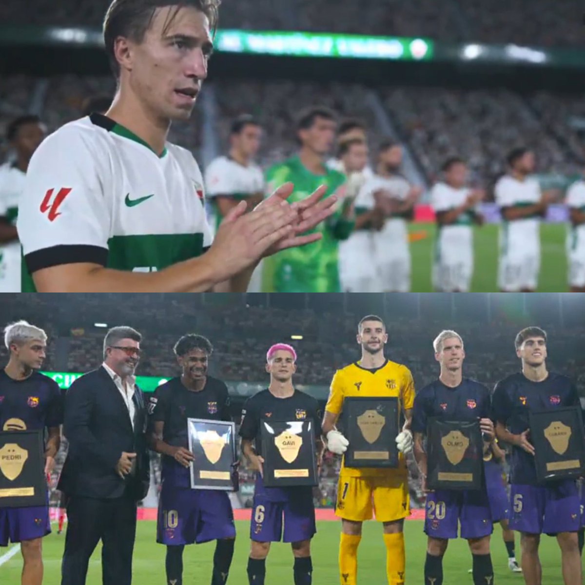 Juezcentral's tweet photo. ¿Qué es Señorío? Esto. 

El Elche homenajea en su casa a los 7 jugadores del Barça que fueron Campeones del Mundo, justo antes de enfrentarlos.

Todos los jugadores del Elche aplauden y el estadio también. El fútbol que nos gusta❤️ https://t.co/NE33cCpKGM