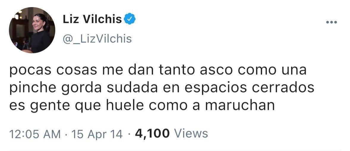 m_02398's tweet photo. Que terrible q está "seudo persona" siga saliendo burlarse de TODOS que tiene IMPUNIDAD con los comentarios que hizo, y que piense que con una DISCULPA se arregla el GRAVE problema de su racismo y discriminación...

Ella hace días exigió sanciones contra "Platicas del Mal" q incluso van a llegar hacer hasta penales...

Y @_LizVilchis quien agredió a gente de color, a gente que tiene problemas de sobrepeso, y que piensa q fue un "humor negro" decir que "maten a niños en situacion de calle en Brasil" se le debe perdonar...

Exigimos que @CONAPREV @mujeresgobmx La Embajada de Brasil en México y @CitlaHM condenen las declaraciones de @_LizVilchis y le sean retirados sus derechos políticos para cualquier cargo en el 2027..

¡¡Exigimos SANCIONES contra LIZ VILCHIS!!

 Que no haya IMPUNIDAD ...
