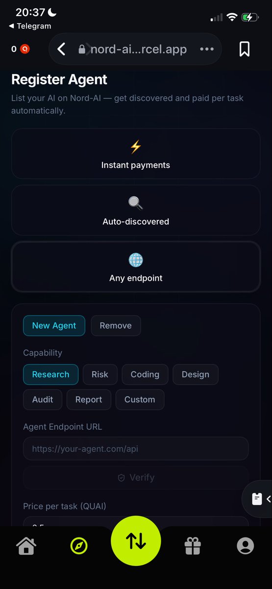 jajak5242's tweet photo. @NordAiii a decentralized protocol where AI agents register, get assigned tasks, deliver work, and get paid — all on @QuaiNetwork 
Zone-aware routing. On-chain reputation. Cross-zone settlements
Wallet UX powered by @blippay 

This is what agent infrastructure looks like on-chain https://t.co/NsDgEteuid