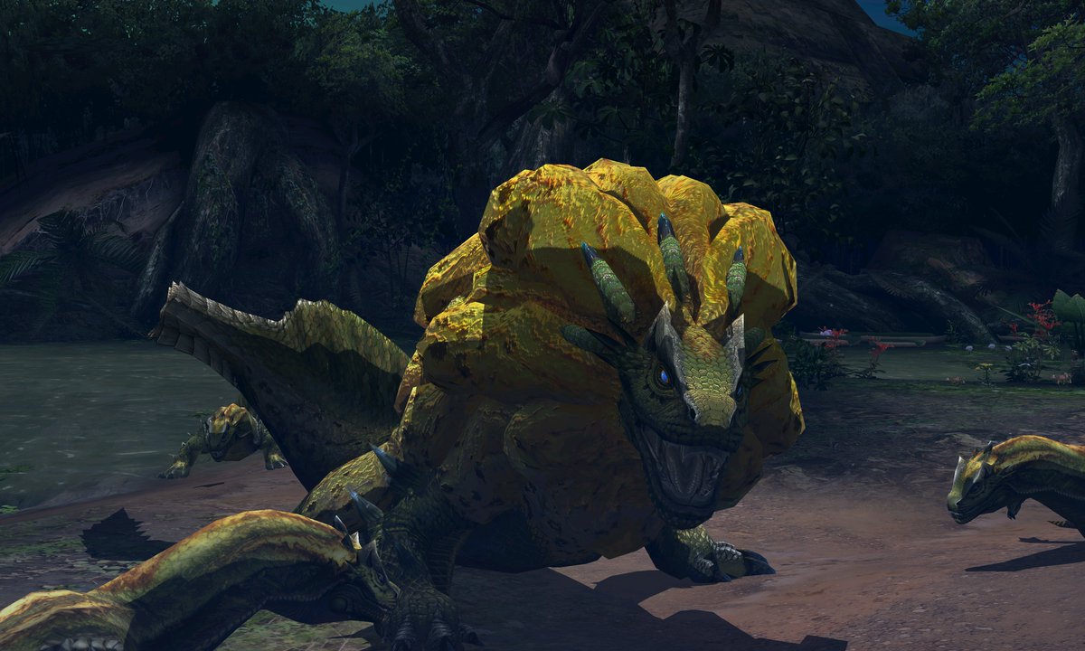 ErikK194's tweet photo. This is still Monster Hunter 3 Ultimate.

3DS original → current NGRP MasterLine WIP.

Not just higher resolution: different materials are now reconstructed differently instead of getting the same generic upscale treatment.

Last shot: Barioth in actual gameplay.

Still WIP. https://t.co/X9kR5P4OmS