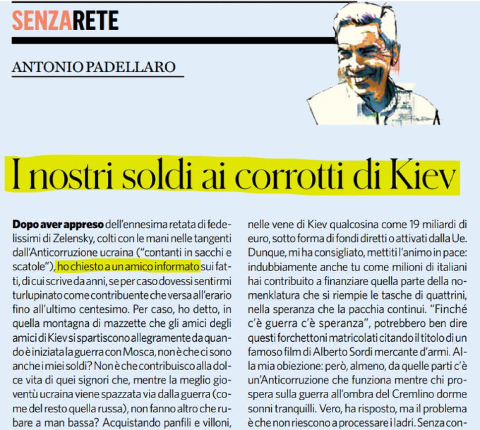 Fabopolis's tweet photo. Il Fatto non ha scoperto che i nostri soldi sono finiti ai corrotti.

Ha scoperto che, mettendo “i nostri soldi” nel titolo, qualche copia in più forse la vende. Fa click bait da 4 soldi

Perché nell’inchiesta citata da Padellaro non c’è una prova che quei soldi siano fondi UE o italiani. NABU parla di denaro di provenienza criminale e riciclaggio. Punto.

https://t.co/PMaymfc6qU

E allora, Antonio Padellaro, tre domande semplicissime.

1. Dove  sta la prova che quelle mazzette contengano “i nostri soldi”? 
Una riga dell’inchiesta, un documento, un bonifico, qualcosa. Oppure il titolo ve lo siete semplicemente inventato?

2. Perché chiamate “fedelissimi di Zelensky” un gruppo nel quale compare anche Vadym Stolar, eletto con il partito filorusso Opposition Platform – For Life?
Perché senza mettere Zelensky in mezzo il pezzo vende meno?

3. Se l’anticorruzione ucraina scopre la rete, sequestra il denaro e porta gli indagati davanti ai giudici, con quale contorsione logica questa operazione dimostrerebbe che “a Kiev rubano impunemente”?

https://t.co/wf5BKap6Gq

4. E soprattutto: su quale pianeta “non riescono a processare i ladri”?
Nel solo primo semestre 2026 NABU e SAPO hanno portato 106 persone a processo e sono diventate definitive condanne nei confronti di 76 persone. Quella frase è falsa oppure Padellaro non si è nemmeno preso la briga di controllare i dati prima di scriverla?

https://t.co/wf5BKap6Gq

La corruzione ucraina è reale e va combattuta senza sconti.

Ma inventare che il denaro sequestrato sia quello del contribuente italiano non è combattere la corruzione.

È prendere per il culo i propri lettori.