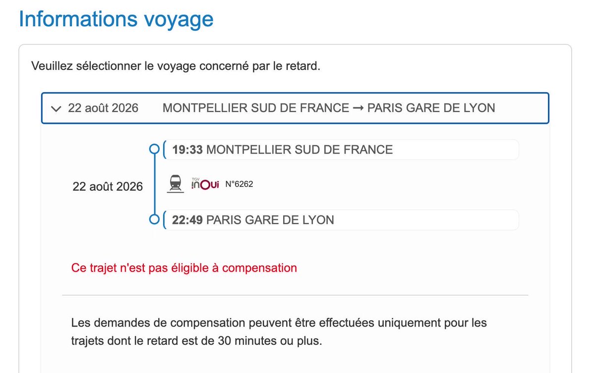 GDenhez's tweet photo. @SNCFVoyageurs @GroupeSNCF @SNCFConnect vous pouvez m’expliquer pourquoi le trajet n’est pas éligible ? https://t.co/WxGBFd5px4