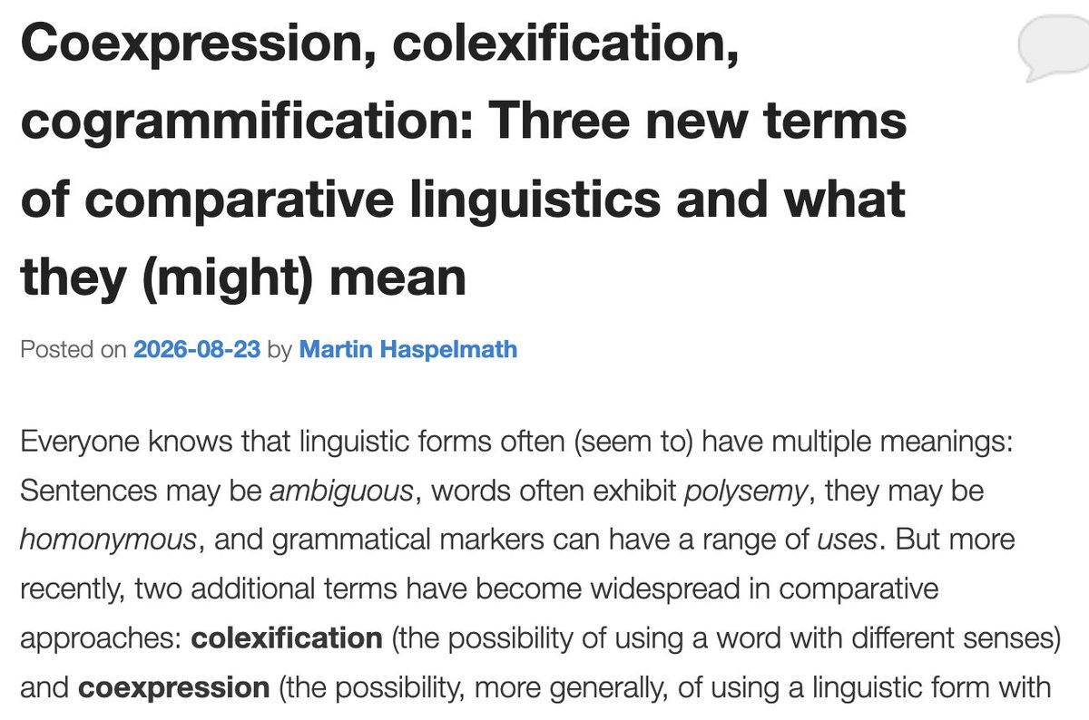 haspelmath's tweet photo. What exactly is "colexification"? This was recently asked by List et al. (https://t.co/lWznyPRgTS) Here is my blogpost addressing this point: 
https://t.co/gpVNFqTcWm https://t.co/NhjlvONJBf