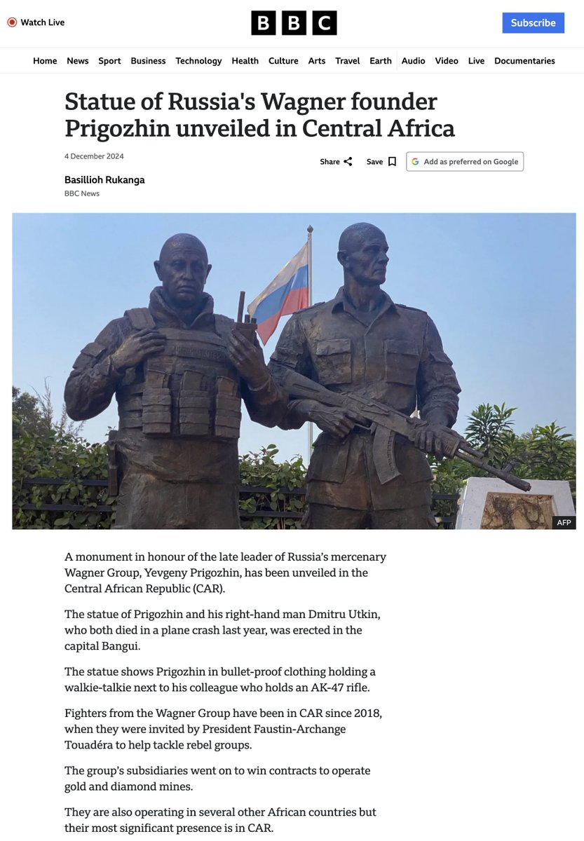 bucktron2021's tweet photo. @kvistp The Central African Republic erects statues honouring tattooed Nazis like Yevgeny Prigozhin and Dmitry Utkin, therefore Russia is justified invading the CAR to denazify them. #KremlinLogic https://t.co/qHIBw7wGVM