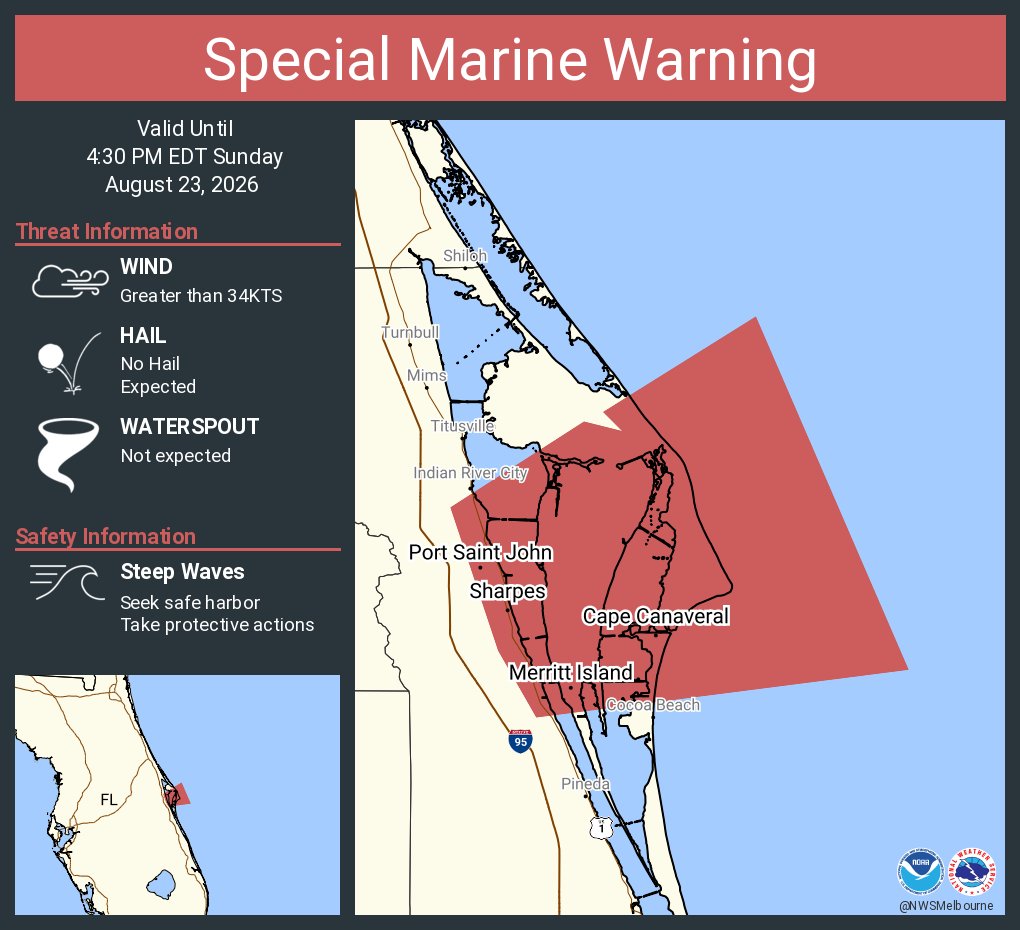 NWSMelbourne's tweet photo. Special Marine Warning including the Volusia-Brevard County Line to Sebastian Inlet 0-20 nm until 4:30 PM EDT https://t.co/nuWCpBKZbF