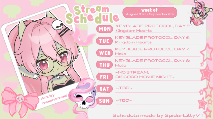 MiniGoblinVT's tweet photo. Schedule for the next two weeks, from August 24th - September 6th! We're starting the Keyblade Protocol event tomorrow and I left some weekends open for collabs. We may finish Big Walk this coming Sunday but it depends on friendos schedules. 💖 https://t.co/aZ2g4zym3t