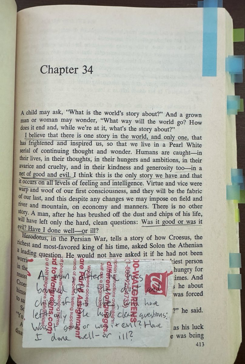 sheonhan's tweet photo. I was reading Steinbeck's East of Eden and found a 2008 Walgreens receipt on which someone copied out the passage:
"A man, after he has brushed off the dust and chips of his life, will have left only the hard, clean questions: Was it good or was it evil? Have I done well—or ill?" https://t.co/XO5BQ8uFon