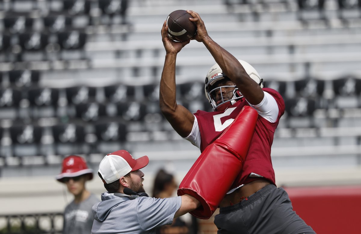 Charlie_Potter's tweet photo. Alabama WR Noah Rogers (knee) is included in Sunday's practice photos. He suffered an injury on A-Day and was expected to miss the start of the 2026 football season.

📷 via UA Athletics. https://t.co/NtJ2aVLGTV