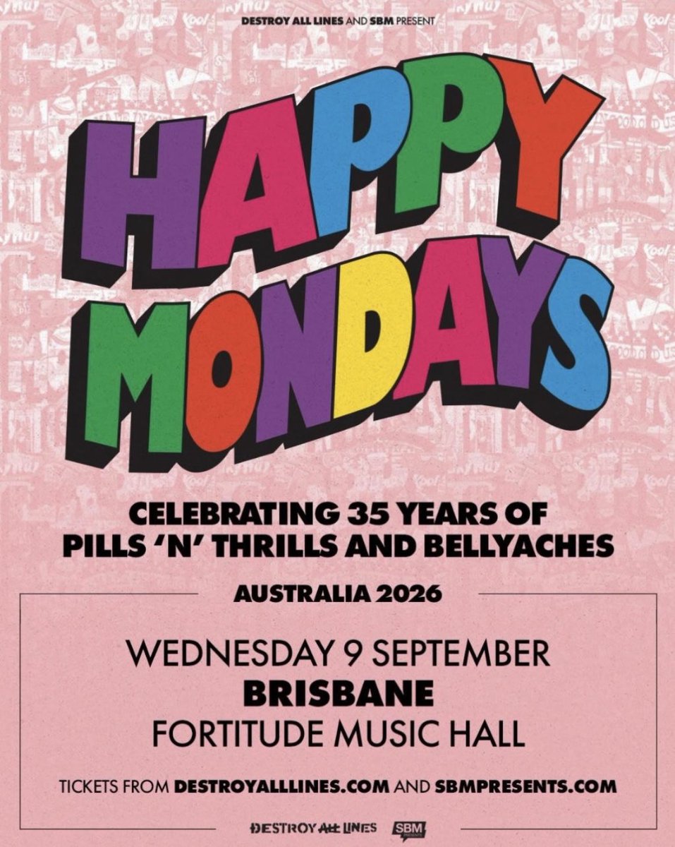 officialswr's tweet photo. BRISBANE!!!!!
🇦🇺🇦🇺🇦🇺🇦🇺🇦🇺

Happy Mondays play The Fortitude Music Hall in Brisbane on Wednesday 9th September 2026 🪇🕺🏻

Tickets 
https://t.co/pqXb933c1H

#HappyMondays #Brisbane #Australia #Livemusic #Tour https://t.co/VewRw8dsWT