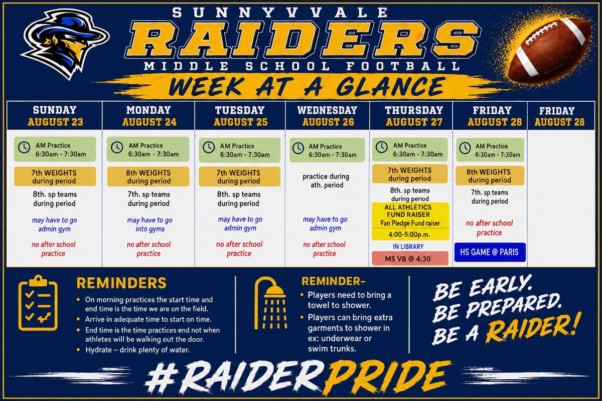 ValeMSathletics's tweet photo. Week 2 tentative football schedule. Van in 11 days! @RaiderBuilt @smslearns @FootballSvale https://t.co/B3O73ajDPV