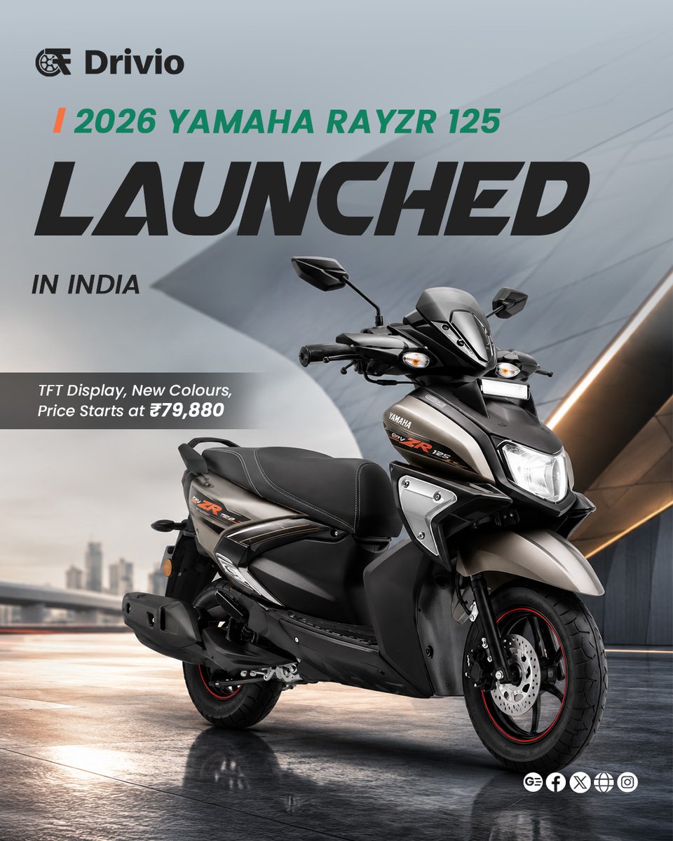 hallalexander42's tweet photo. The 2026 Yamaha RayZR 125 is here, featuring the long-awaited TFT screen, new colours, turn-by-turn navigation, and prices starting at just ₹79, 880. https://t.co/tV2BVkS7kb