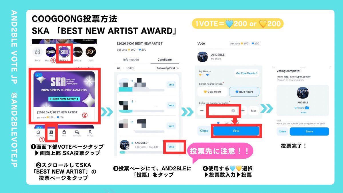 AND2BLEVOTEJP's tweet photo. ⚠️🚨｜投票先にご注意ください🚨⚠️

現在AND2BLEはSKA投票にて複数の部門にノミネートされていますが、票の分散を防ぐため、【新人賞（BEST NEW ARTIST AWARD）】部門への投票にご協力をお願いいたします🙇‍♀️❤️‍🔥

#BIGC / #coogoong での投票手順を以下の画像にてご案内しておりますので、投票の際にぜひご参考にしてください💡

SKAはユジンくんのMC就任が決定している授賞式になります🐰✨
皆さまの大切な1票を新人賞へ集結させ、AND2BLEの受賞に繋げましょう🏆❤️‍🔥
最後までたくさんのご協力をよろしくお願いいたします‼️🙇‍♀️

#AND2BLE #앤더블 #アンダブル